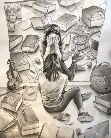 2019 graduate, Emily Kim, created this sumi ink painting that captures the academic stress of student life.