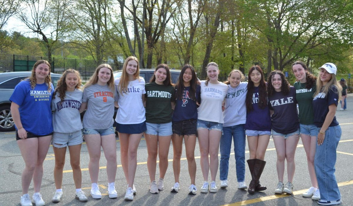 Seniors on commitment day with t-shirts from varied schools 