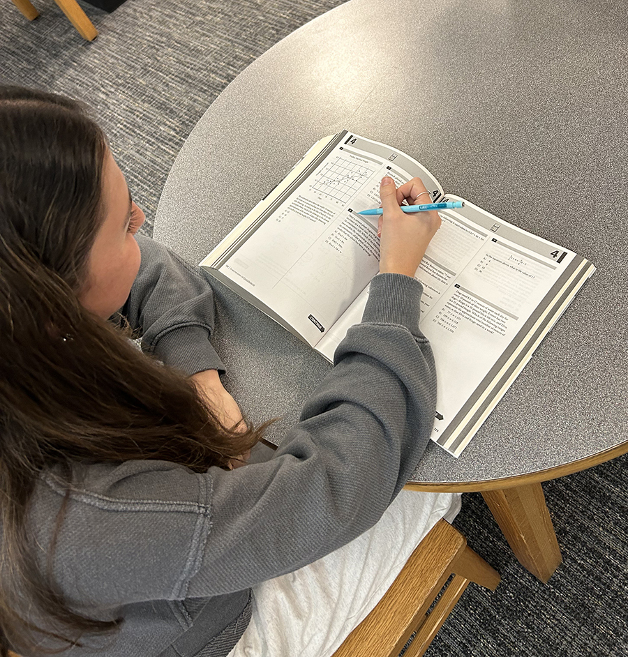 Student uses a practice book to study for the SAT