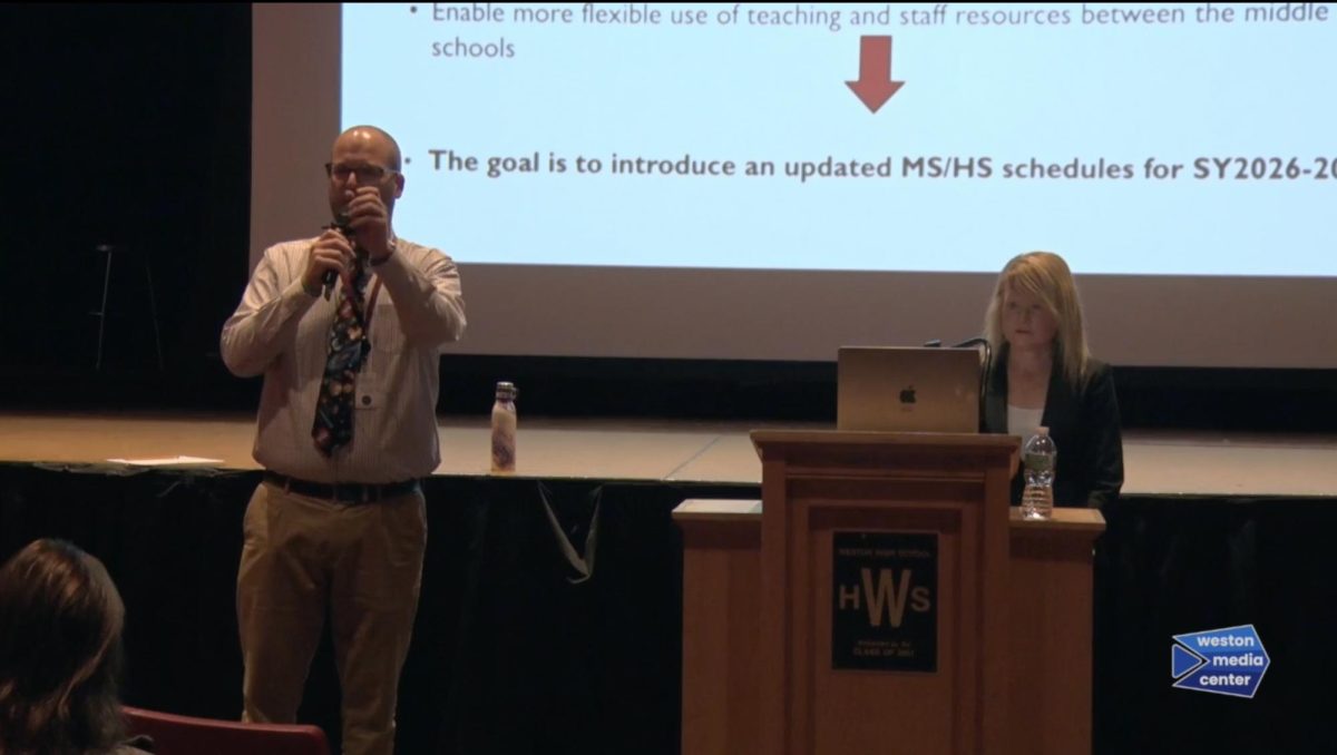 MS principal Phil Oates and Dr. Zalesky at recent public forum on the new schedule 	