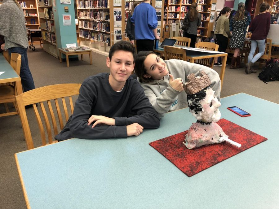 Justin Buchman and Sarah O'Sullivan show their statue of Macbeth himself.