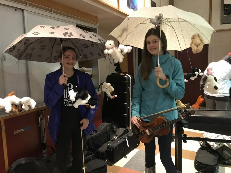 Left to right: Freshmen Julia Barlow, and MaKenzie Morong as raining cats and dogs.