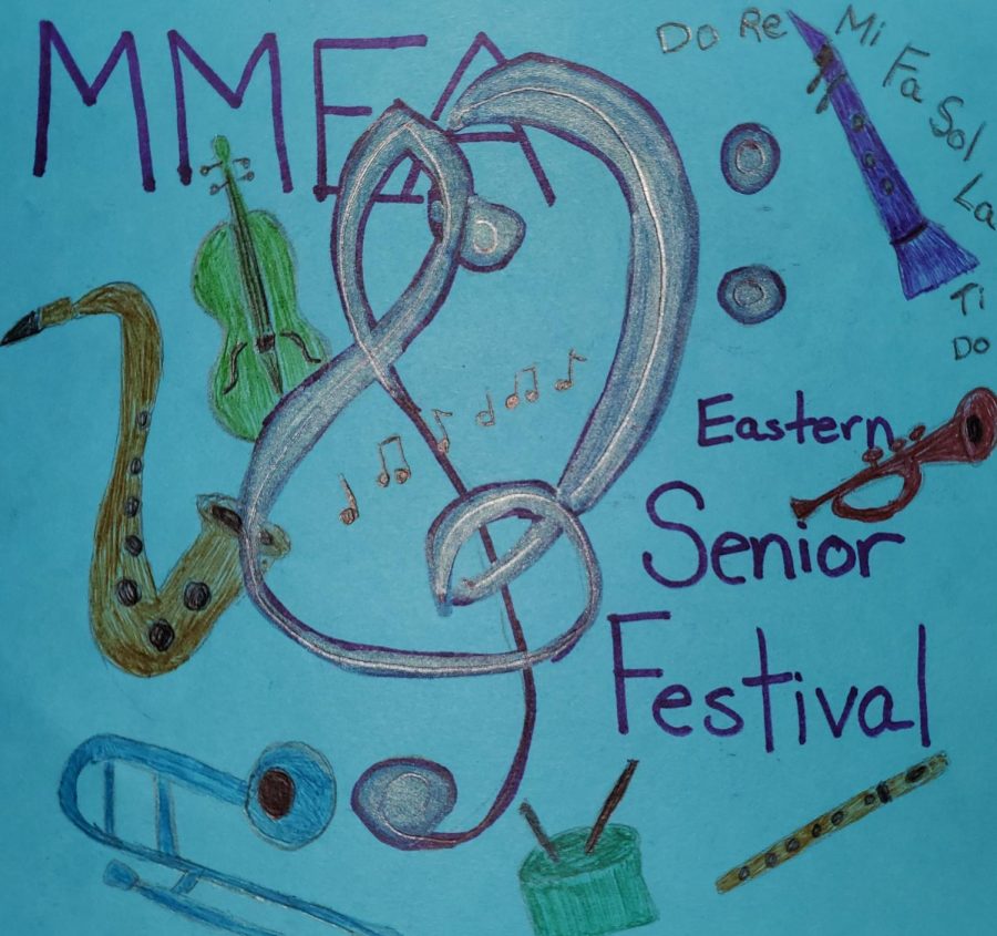 Drawing made by Rajan depicting the Eastern Senior District Festival and the various categories—voice, strings, winds and percussion, and jazz.