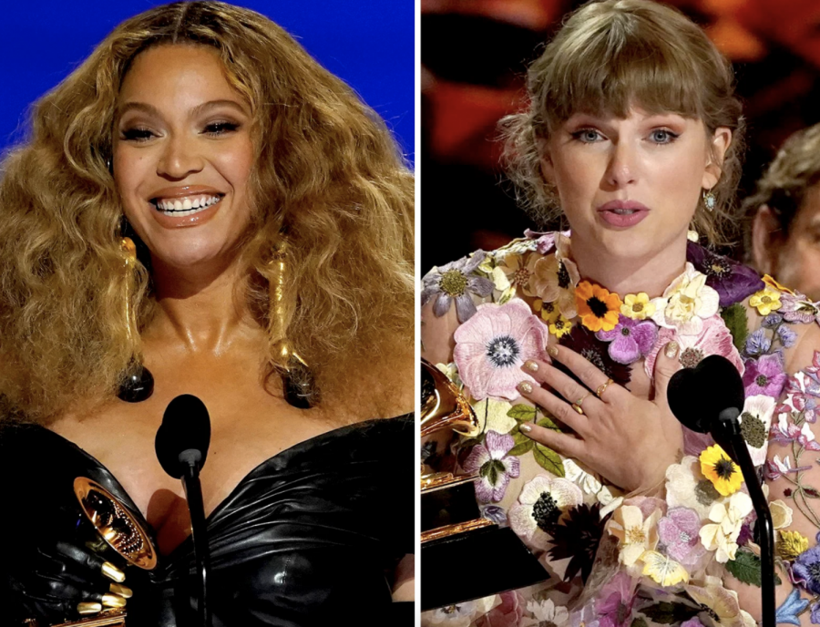 History-making artists, Beyoncé and Taylor Swift, accept their awards.