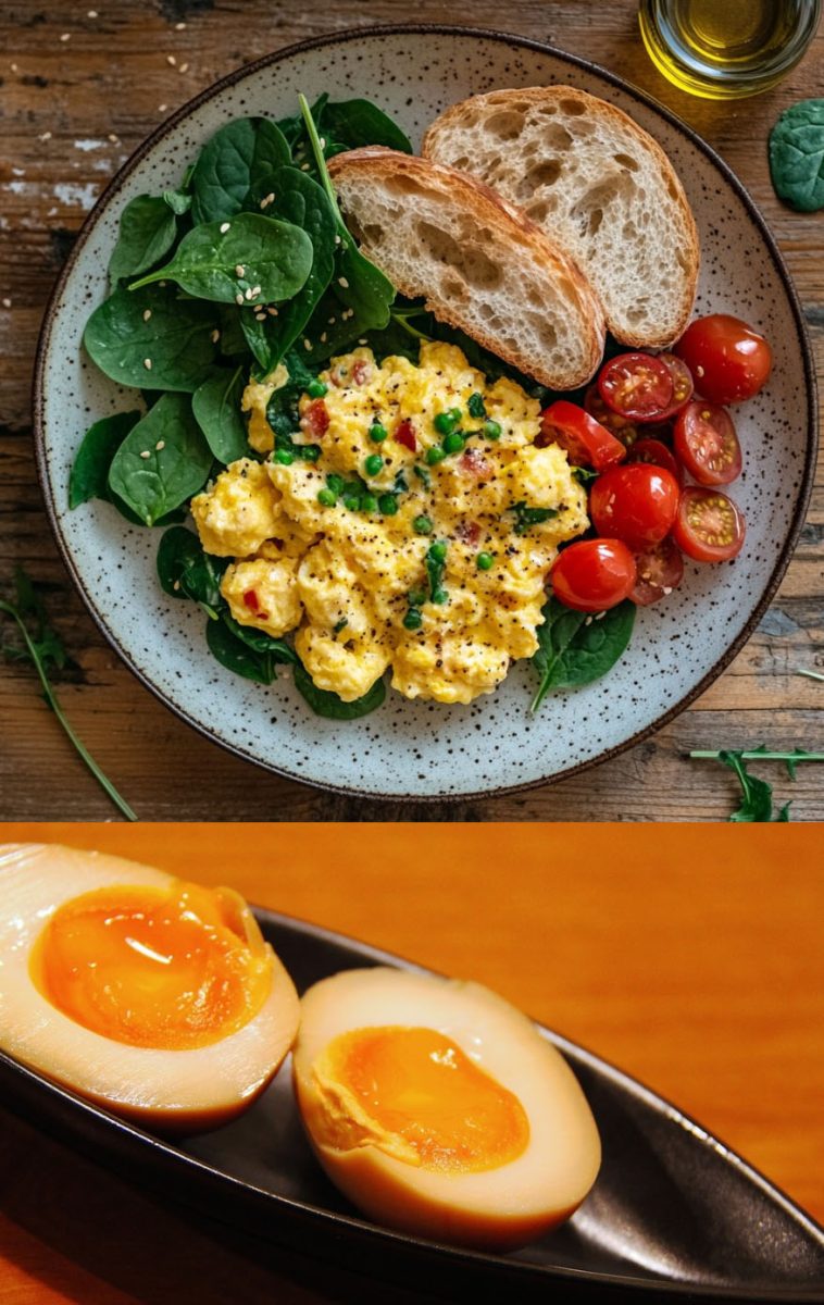 Scrambled and hard boiled eggs